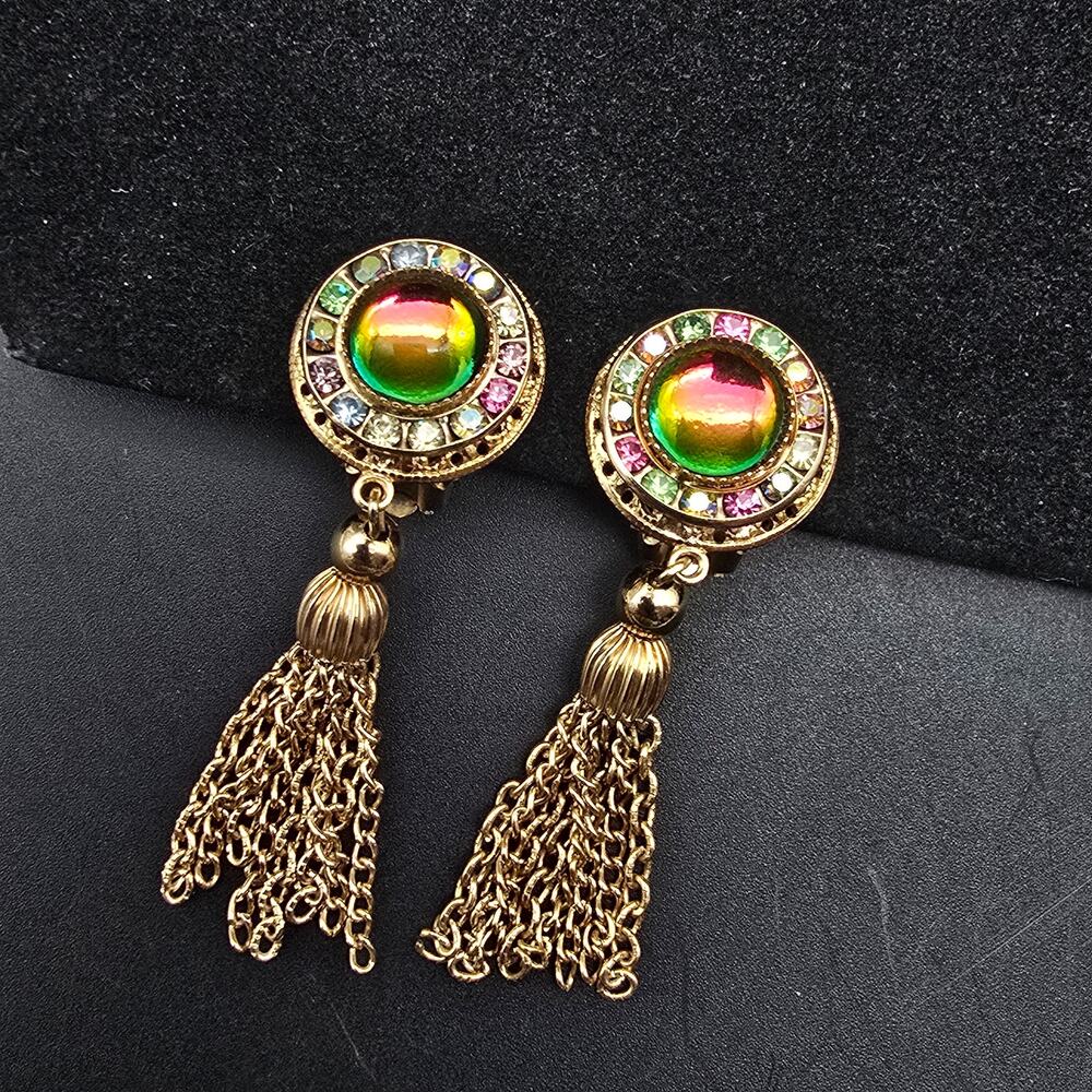 Rainbow Rhinestone Clip On Earrings Gold Tone Tassel
